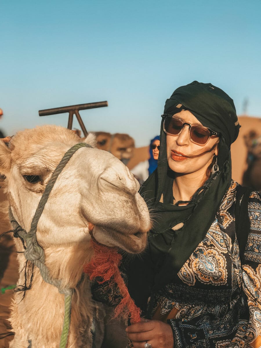 Berber woman with a white camel in the desert