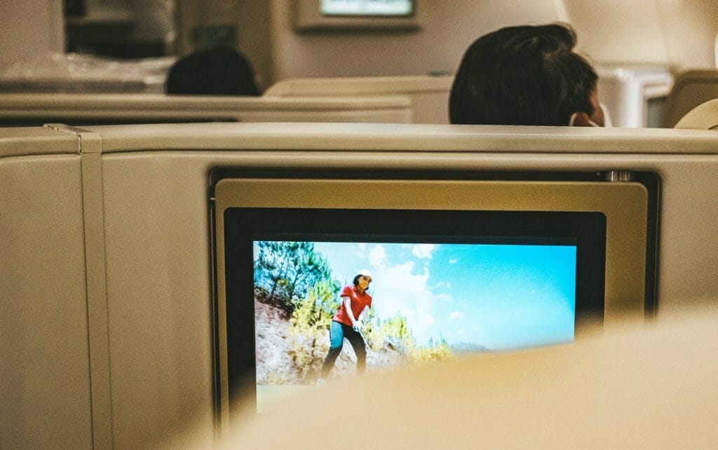 Screen in Vietnam Airlines Business Class with safety video