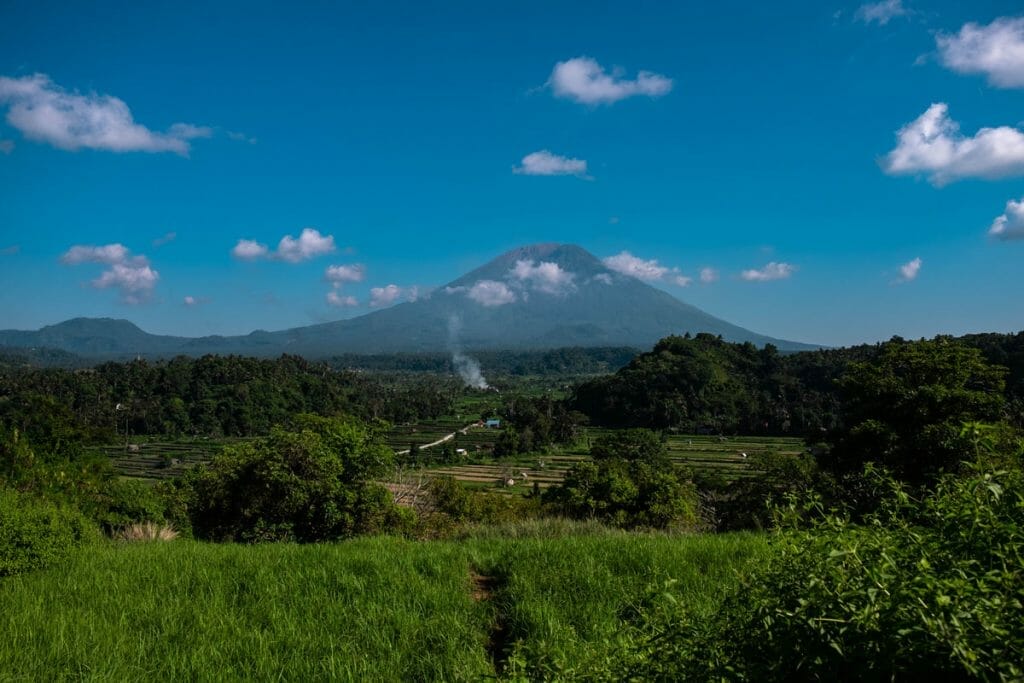 View of Mount Agung in Bali with rice fields