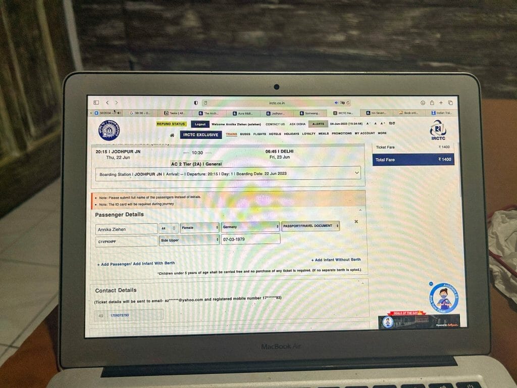 computer screen with Irctc website pulled up